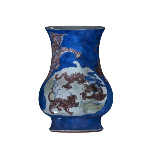 青花釉里红开光龙虎斗瓶