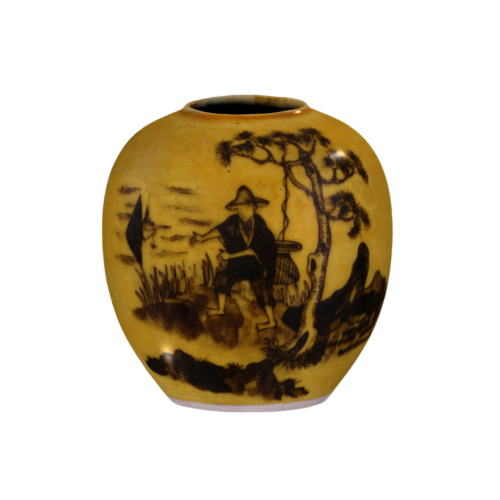 黄地墨彩山水人物水盂