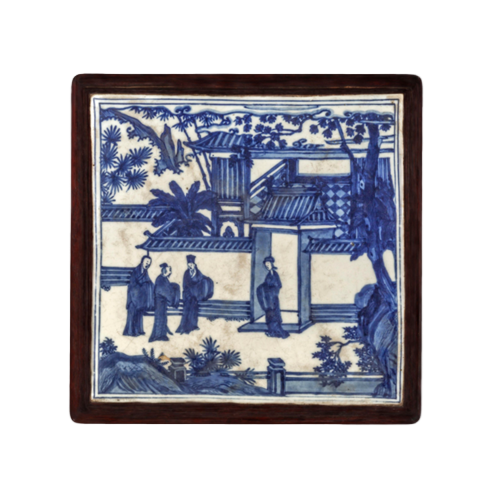青花人物楼阁纹盒盖