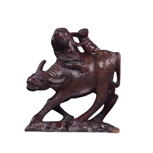 红木镶嵌银丝牧童骑牛