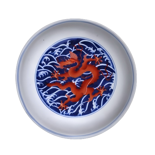 青花矾红彩海水龙纹盘