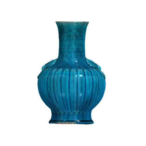 孔雀绿釉刻划菊瓣纹铺首耳瓶