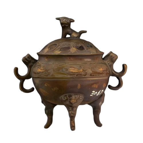 仿明宣德兽鈕盖洒金铜香炉