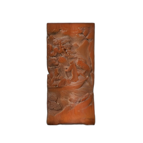 竹雕清溪泛舟笔筒